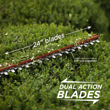 closeup of hedge trimmer trimming a hedge. Text on the image showcases the "24 inch blades", "3 quarter inch cut capacity", and "dual action blades"