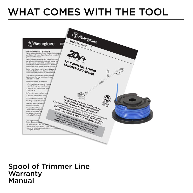 What comes with the tool: a spool of trimmer line, warranty, and manual on a white background