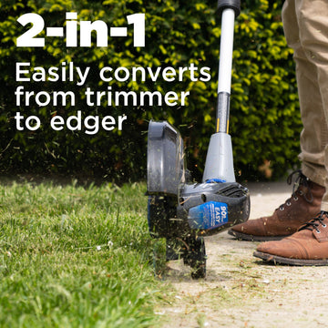 A person uses the edger to cut the grass on the edge of a sidewalk. Text in the upper right corner reads "2-in-1. Easily converts from trimmer to edger".