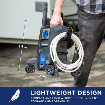 Westinghouse | ePX2000 pressure washer shown being carried with its dimensions reading: 14 in tall and 15 pounds. A blue bar is shown at the bottom reading: lightweight design compact and lightweight for convenient storage and portability.