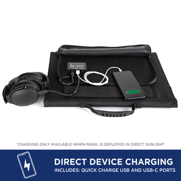 Westinghouse | WSolar60p solar panel shown folded charging headphones and a cell phone with text reading *charging only available when panel is deployed in direct sunlight. A blue bar at the bottom reads, direct device charging, includes quick charge USB and USB-C ports.