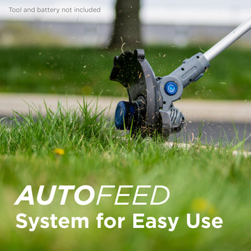 Image of the Westinghouse 20V string trimmer and edger being used to edge the grass along a curb. White text along the bottom reads "Autofeed system for easy use". Small text along the top reads "Tool and battery not included".