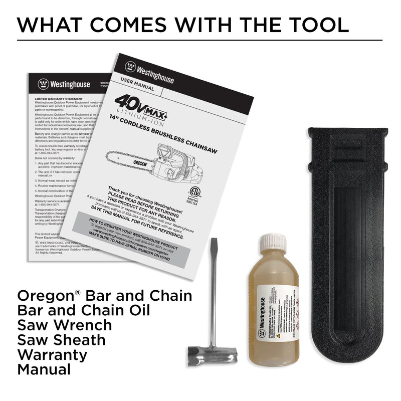 What comes with the tool: Oregon bar and chain, bar and chain oil, saw wrench, saw sheath, warranty, and manual on a white background