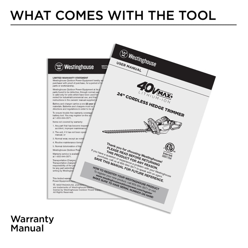 What comes with the tool: warranty and manual on a white background