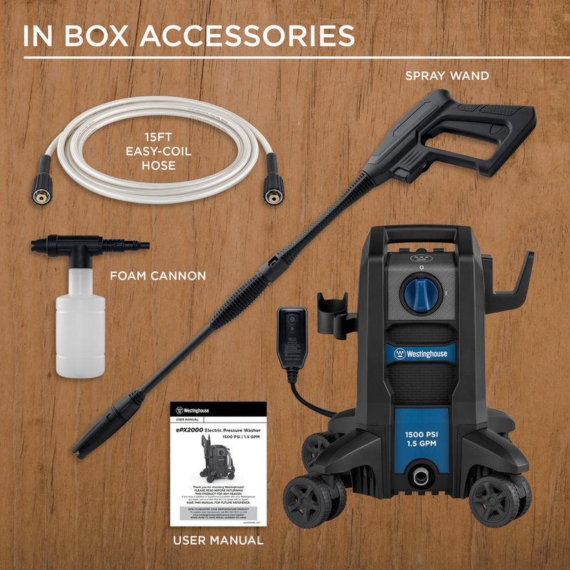 Westinghouse | ePX2000 pressure washer in box accessories: easy coil hose, spray wand, foam cannon user manual and epx2000