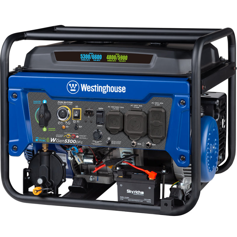 Westinghouse | WGen5300DFc portable generator front left view on a white background.