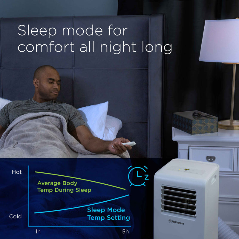 Westinghouse | WPac10000 Portable Air Conditioner shown in use by a bed with a man preparing to go to sleep with words at the top of the image reading - sleep mode for comfort all night long