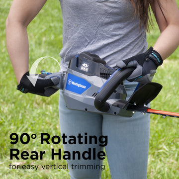 A woman is holding a hedge trimmer and rotating the rear handle. Text at the bottom of the image says "90 degree rotating rear handle for easy vertical trimming".