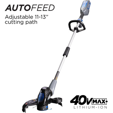20V string trimmer on a white background. Text reads "Autofeed. Adjustable 11-13 inch cutting path". 