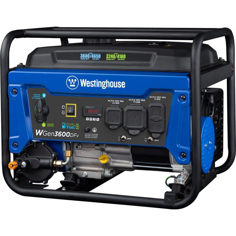 Westinghouse | WGen3600DFv portable generator front right view on a white background.