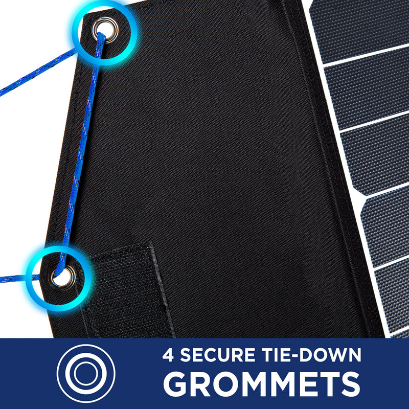 Westinghouse | WSolar60p solar panel showing its grommets with a blue bar at the bottom reading: 4 secure tie-down grommets. 