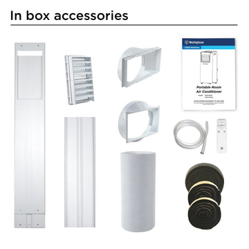 Westinghouse | WPac10000 Portable Air Conditioner in box accessories shown on a white background