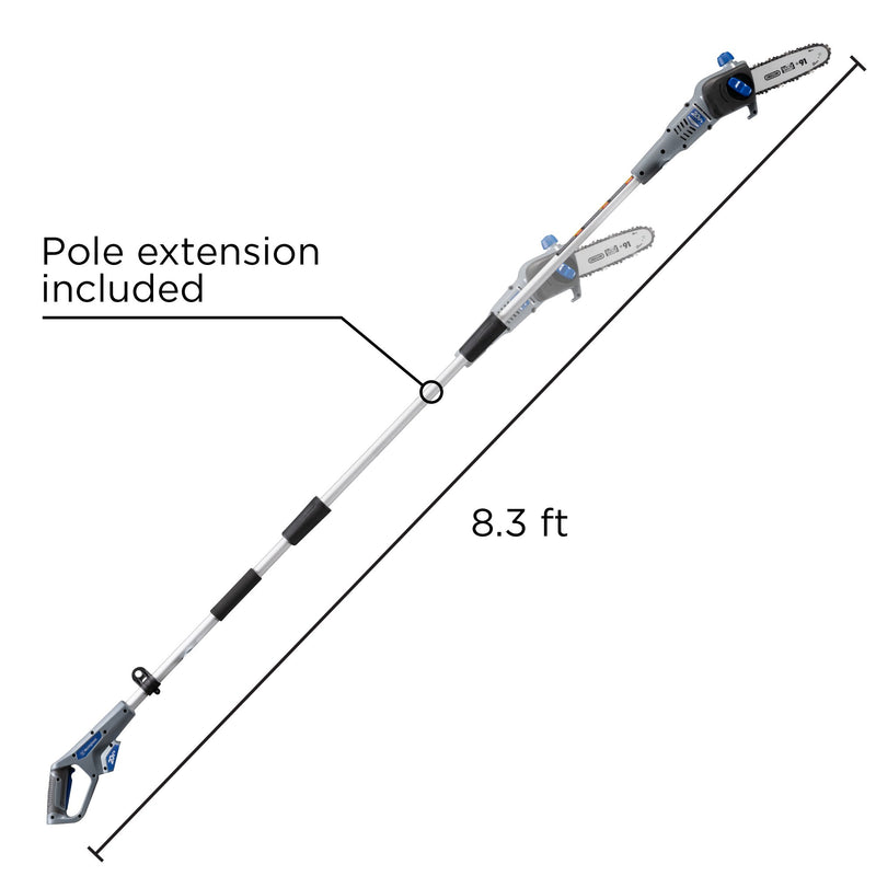 Shows pole saw extension length up to eight feet 3 inches, on a white background