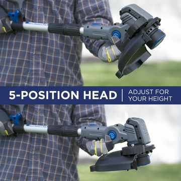 Two images of string trimmer with the head of the hedge trimmer in two different positions. A blue banner in the middle of the image says "5-position head. Adjust for your height"