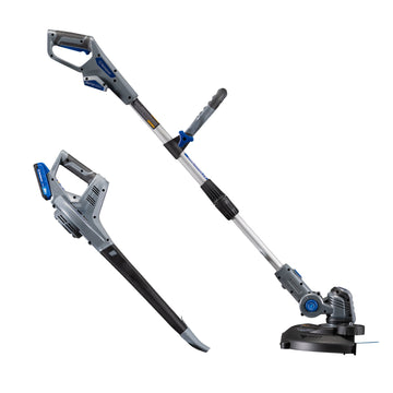 String trimmer and leaf blower facing right on a white background 