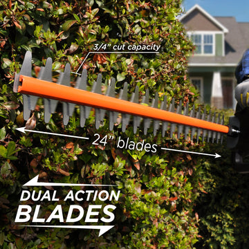 Closeup of hedge trimmer blades with a bush in the background. White text near the top of the blades reads "3 quarter inch cut capacity". Text right below the blades says "24 inch blades" with arrows pointing down the length of the blades. Text in the bottom right corner says "dual action blades"