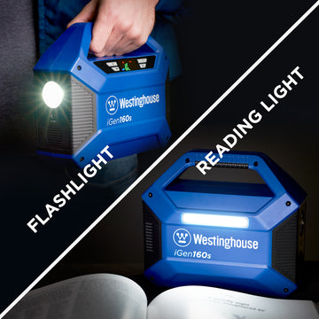 Westinghouse | iGen160s Portable Power Station graphic featuring two photos showing the light capabilities of the iGen160s. The top image shows a person carrying the iGen160s with the front flashlight illuminated. The bottom image shows the side reading light illuminated and shining on an open book.
