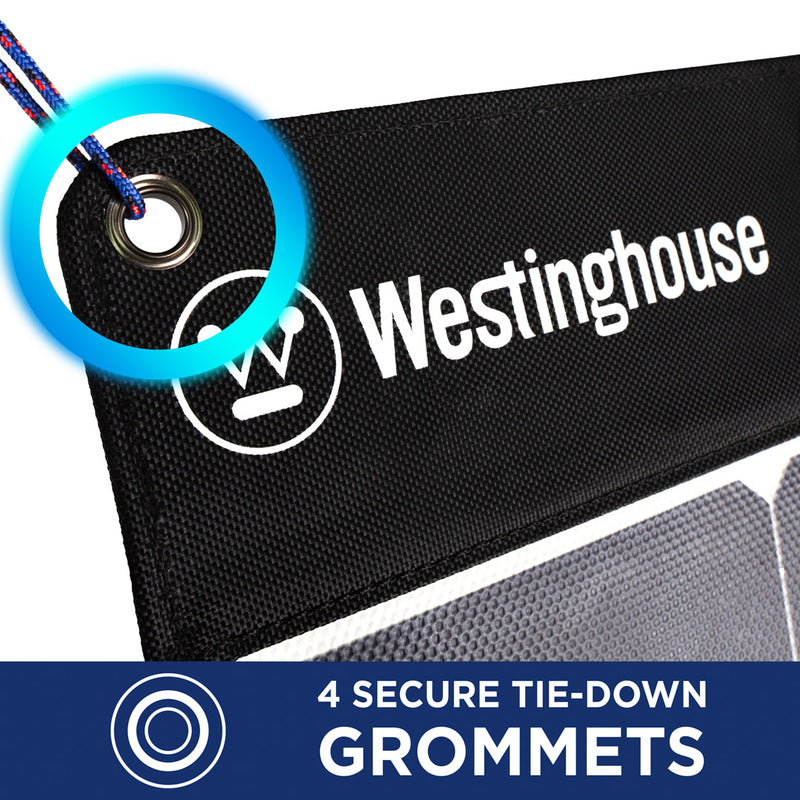 Westinghouse | WSolar100p solar panel showing its grommets with a blue bar at the bottom reading: 4 secure tie-down grommets.