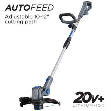 20V string trimmer on a white background. Text reads "Autofeed. Adjustable 10-12 inch cutting path". 