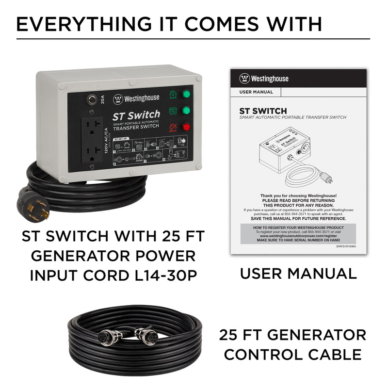 Westinghouse | ST Switch comes with ST Switch with built-in 25 ft. L14-30P Power Cord, User Manual, 25 ft. generator to ST Switch control cable.