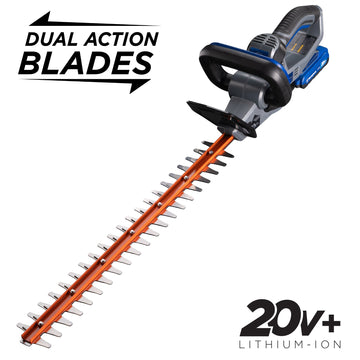 20V hedge trimmer on a white background. Text says "dual action blades".