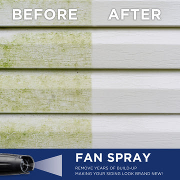 Westinghouse | ePX2000 pressure washer. Picture of siding with left side shown dirty with before and right said saying after and a clean siding. Text in a blue bar at the bottom reading fan spray remove years of build-up, making your siding look brand new.