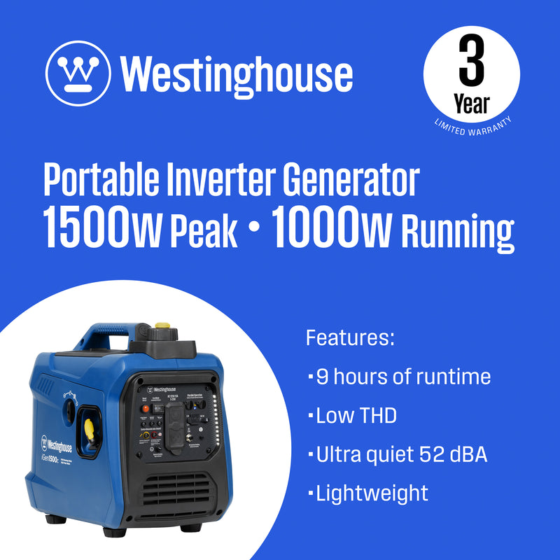 Westinghouse | iGen1500c portable inverter generator with co sensor shown at an angle on the bottom right corner with words on the rest of the image saying 1500 peak watts, 1000 running watts. Featurs: 9 hours of runtime, low THD, ultra quiet 52 dBa, and lightweight