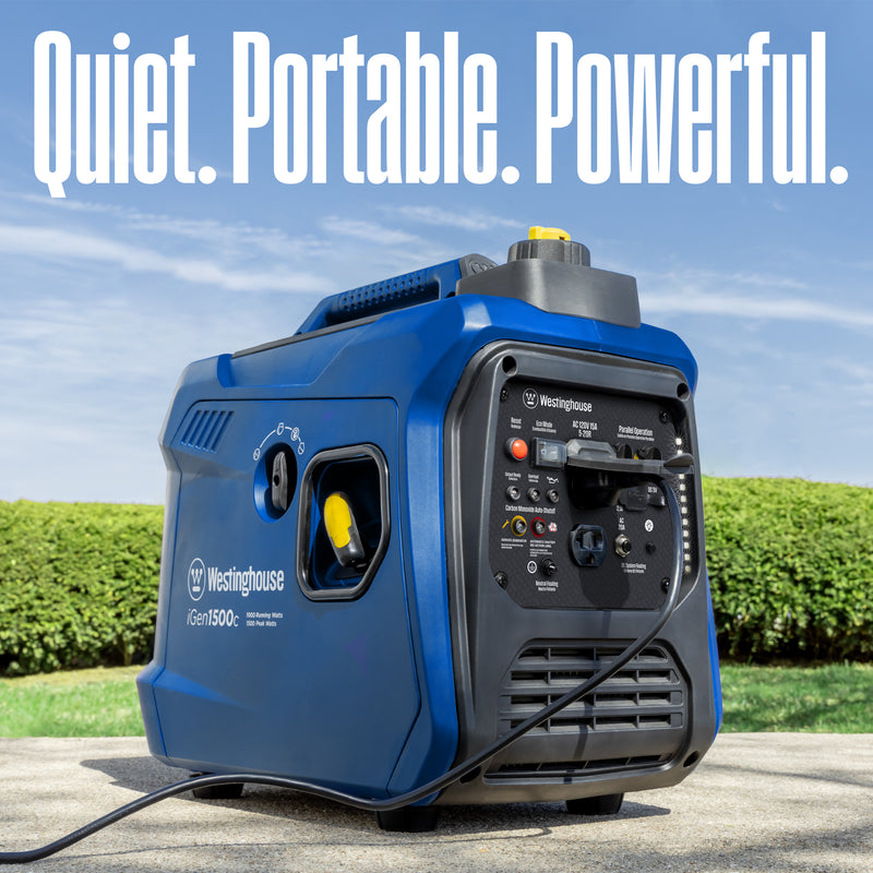 Westinghouse | iGen1500c portable inverter generator with co sensor shown sitting in a driveway with a cord plugged into it with words on the top of the image saying: quiet, portable, powerful