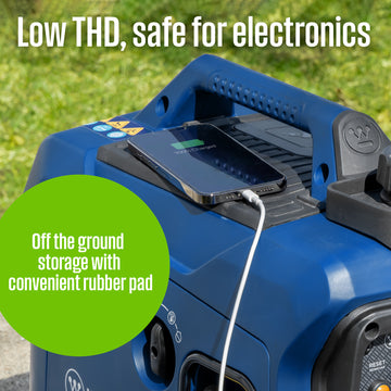 Westinghouse | iGen1500c portable inverter generator with co sensor showing charging a phone with words on the image saying: low THD, safe for electronics - off the ground storage with convenient rubber pad