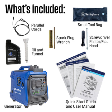 Westinghouse | iGen2550 portable inverter generator in box accessories: parallel cords, small tool bag, oil and funnel, spark plug wrench, screwdriver philips/flat head, documents