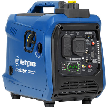 Westinghouse | iGen2550c portable inverter generator with co sensor shown at an angle on a white background