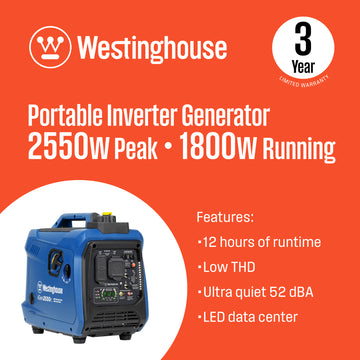 Westinghouse | iGen2550c portable inverter generator with co sensor shown on the bottom corner with words on the rest of the image saying: 2550 peak watts, 1800 running watts. Features: 12 hours of runtime, low THD, ultra quiet 52 dBa and LED data center