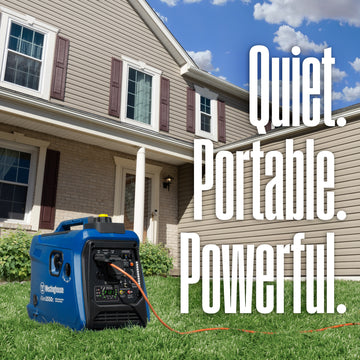 Westinghouse | iGen2550c portable inverter generator with co sensor shown in front of a house with a cord plugged into it with words that say: quiet, portable, powerful 