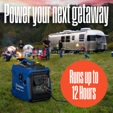 Westinghouse | iGen2550c portable inverter generator with co sensor shown in the grass with a camper and people having a campfire in the background with words that say power your next getaway andruns up to 12 hours
