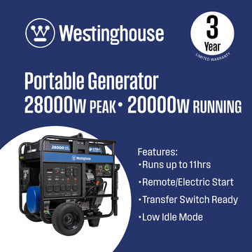 Westinghouse | WGen20000c portable generator shown at an angle on the bottom of the blue background with text saying 28000 peak watts and 20000 running watts and Features: runs up to 11 hours, remote/electric start, transfer switch ready and low idle mode with 3 year limited warranty in the top right corner of the image. 