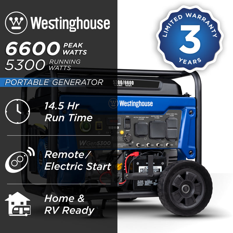 Westinghouse | WGen5300 portable generator shown at an angle on a white background with words saying - Westinghouse 6600 peak watts, 5300 running watts, 14.5 hour run time, remote, electric start, home and rv ready, and 3 year limited warranty. 