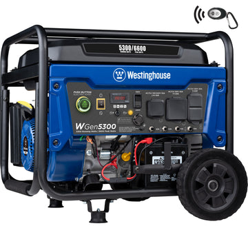 Westinghouse | WGen5300 portable generator shown at an angle on a white background