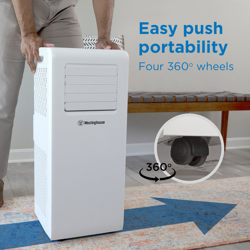 Westinghouse | WPac10000 Portable Air Conditioner shown rolling over carpet and their 360 wheels with words at the top reading easy push portability four 360 degree wheels
