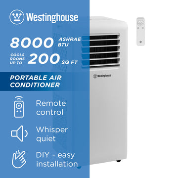 Westinghouse | WPac8000 Portable Air Conditioner shown at an angle with a blue bar overlay on the left side of the image that says: 8000 ASHRAE, cools rooms up to 200 sq ft. Remote control, Whisper quiet, and DIY easy installation