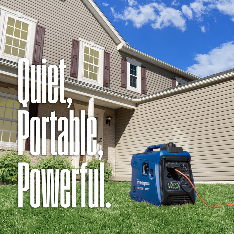 Westinghouse | iGen2550 portable inverter generator shown sitting in front of a house being plugged in and words saying: quiet, portable, powerful 
