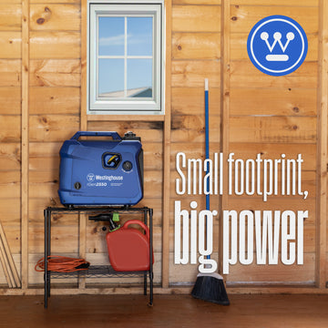 Westinghouse | iGen2550 portable inverter generator shown sitting on a shelf in a shed with words saying: small footprint, big power