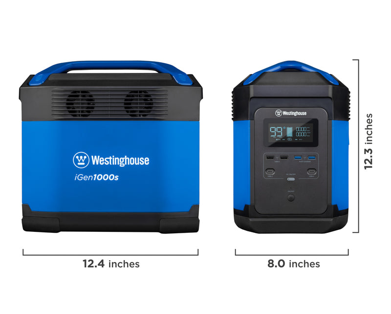Westinghouse | iGen1000s Portable Power Station front and side view on a white background. The dimensions (12.4L x 8.0W x 12.3H inches) are displayed along the photos.