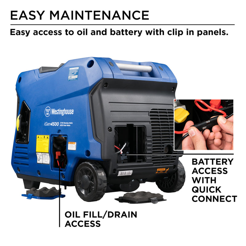 Westinghouse | iGen4500 inverter generator easy maintenance infographic. Easy access to oil and battery with clip in panels. A photo of the iGen4500 highlights the oil fill/drain access and the battery access with quick connect.