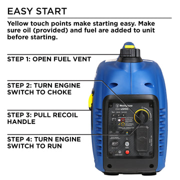 Westinghouse | iGen2200c inverter generator and control panel on white background with directions for easy start. Yellow touch points make starting easy. Make sure oil (provided) and fuel are added to unit before starting. Step 1: open fuel vent. Step 2: Turn engine switch to choke. Step 3: pull recoil handle. Step 4: turn engine switch to run.