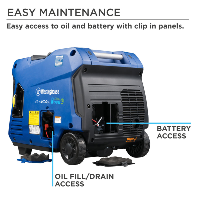 Westinghouse | iGen4500DFc inverter generator easy maintenance infographic. Easy access to oil and battery with clip in panels. A photo of the iGen4500DFc highlights the oil fill/drain access and the battery access.