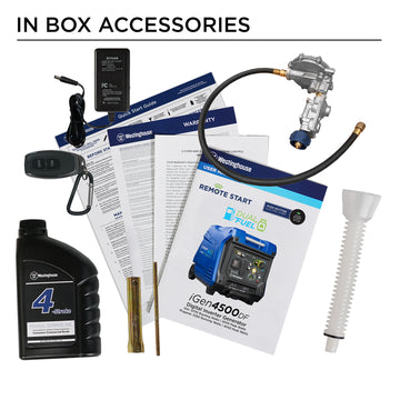 Westinghouse | iGen4500DF inverter generator in box accessories: Oil, warranty, quick start guide, manual, oil funnel, spark plug wrench, remote, propane regulator/hose, and battery float charger.