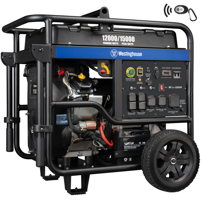 Westinghouse | WGen12000 portable generator shown at an angle on a white background.