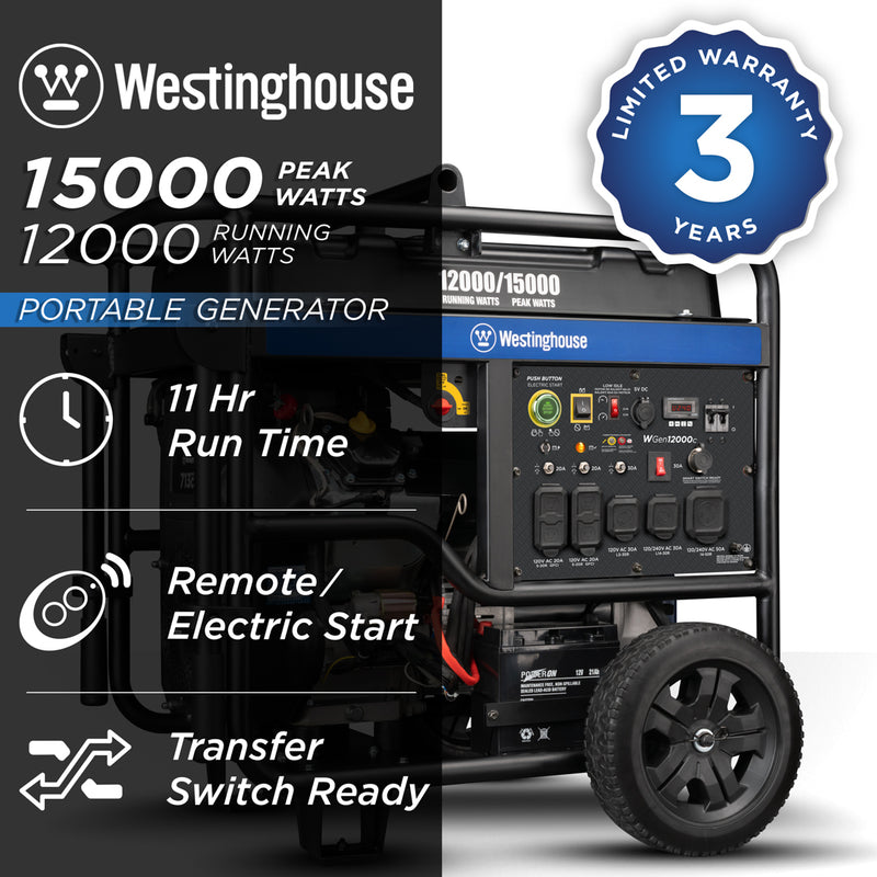 Westinghouse | WGen12000c portable generator shown at an angle with words stating: 15000 peak watts, 12000 running watts, 11 hour run time, remote, electric start, transfer switch ready and 3 year limited warranty