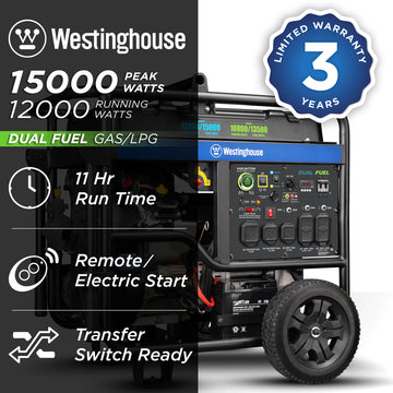 Westinghouse | WGen12000DFc dual fuel portable generator shown at an angle with words stating: 15000 peak watts, 12000 running watts, 11 hour run time, remote, electric start, transfer switch ready and 3 year limited warranty