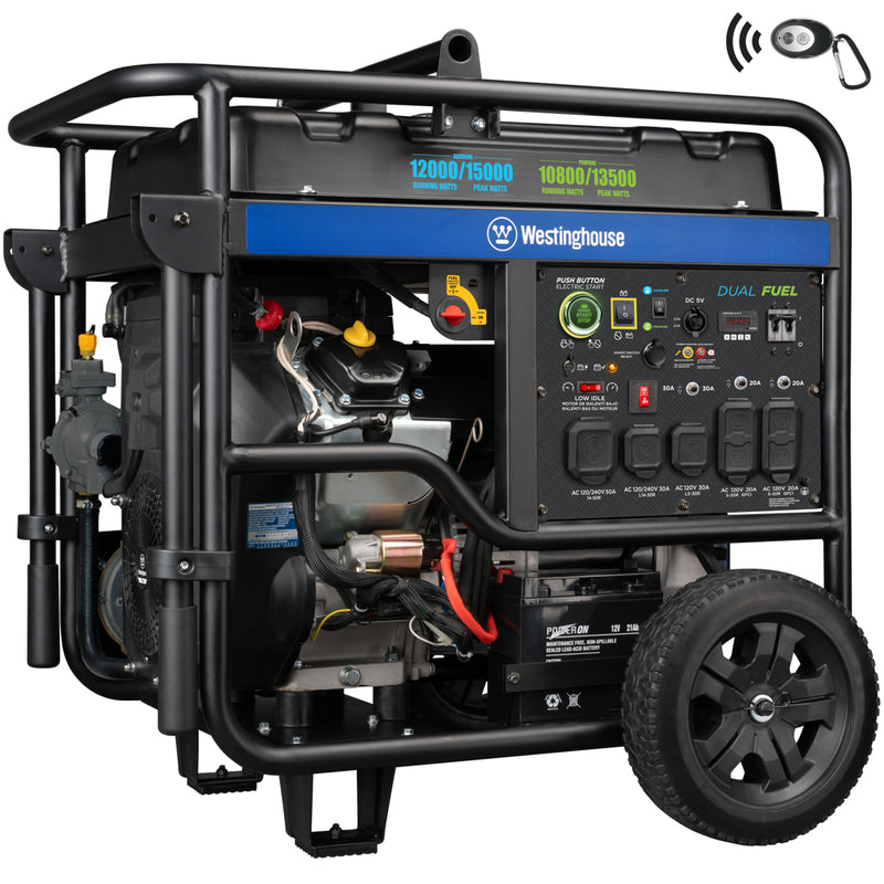 Westinghouse | WGen12000DFc portable generator with CO sensor shown at an angle on a white background